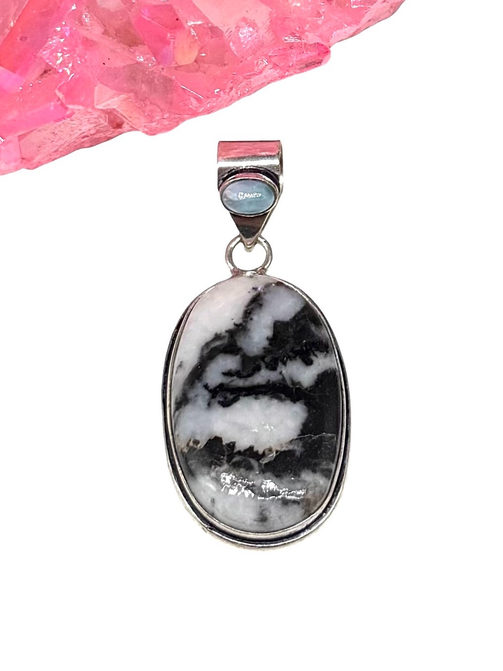 White Buffalo Turquoise & Larimar Necklace Pendant 925 Sterling Silver Overlay